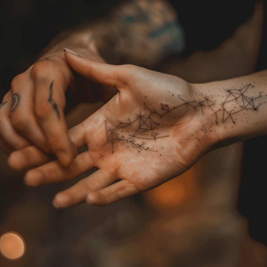 Close-up of hands touching, one with a Taurus constellation tattoo, against a softly blurred background