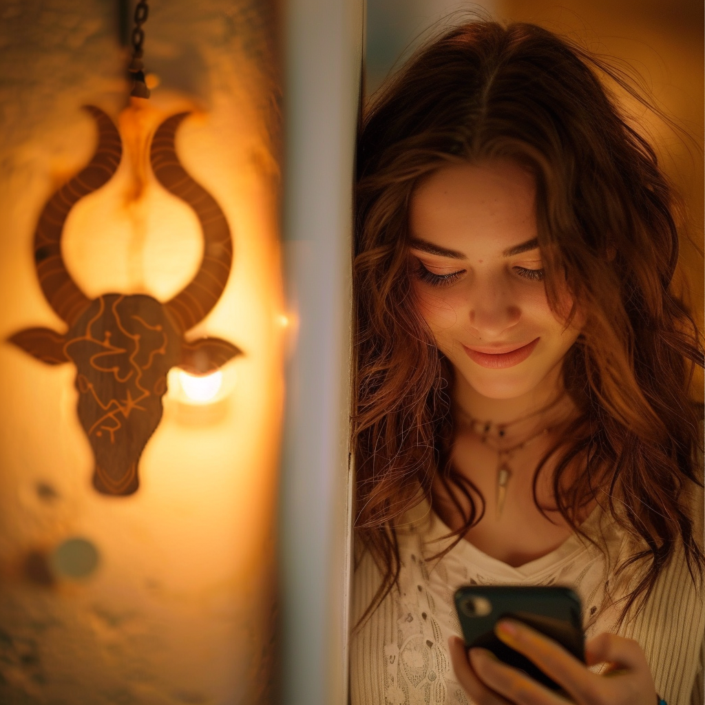 Taurus astrological symbol on left, woman texting with a slight smile on right