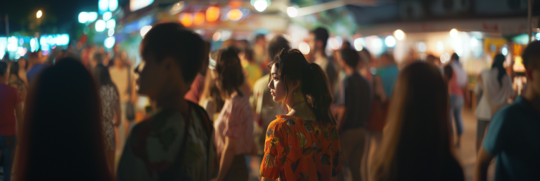 A bustling social gathering, young woman in vibrant clothes animatedly talking to various people