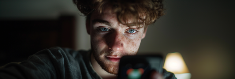 Close-up of a young man's face, looking slightly surprised and pleased