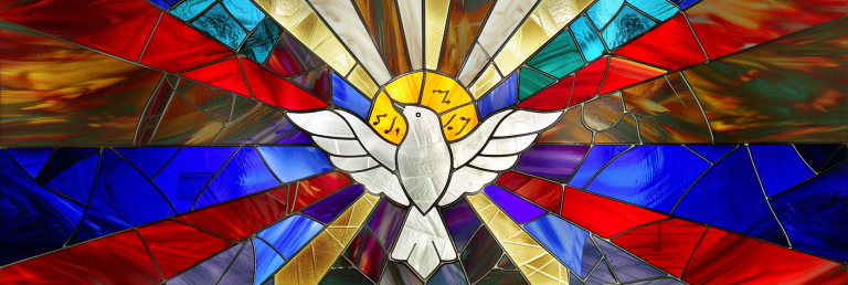 Ethereal stained glass window design featuring biblical symbols