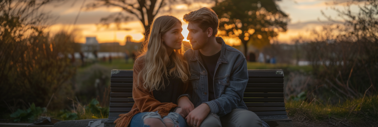 Young couple sitting on a park bench at sunset