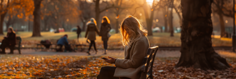 Young woman sitting alone on a park bench, golden hour lighting