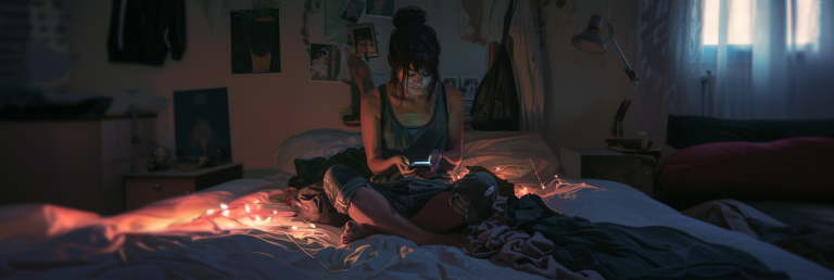 Young woman sitting alone on her bed, dimly lit room.