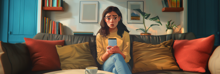 Young woman sitting on a couch, looking at her phone with a mix of surprise and uncertainty