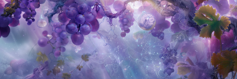 dreamscape with translucent, glowing purple grapes