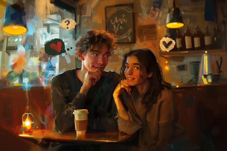 oft-focus scene with a young couple in a cozy coffee shop