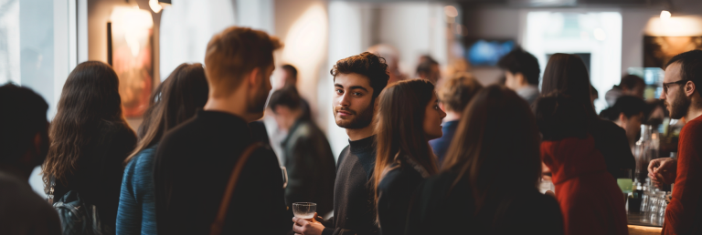 one male person animatedly conversing with multiple people