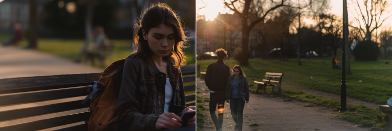 oung woman sitting alone on a park bench, looking pensively at her phone