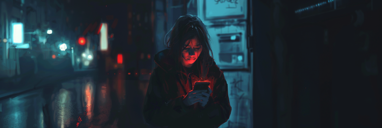 solitary figure, looking dejected and isolated, holding a phone with notifications