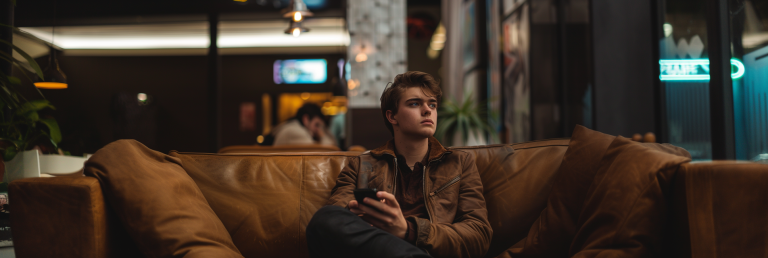 young man sitting in a contemporary setting like a café