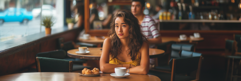 young woman and man sitting at a cafe table