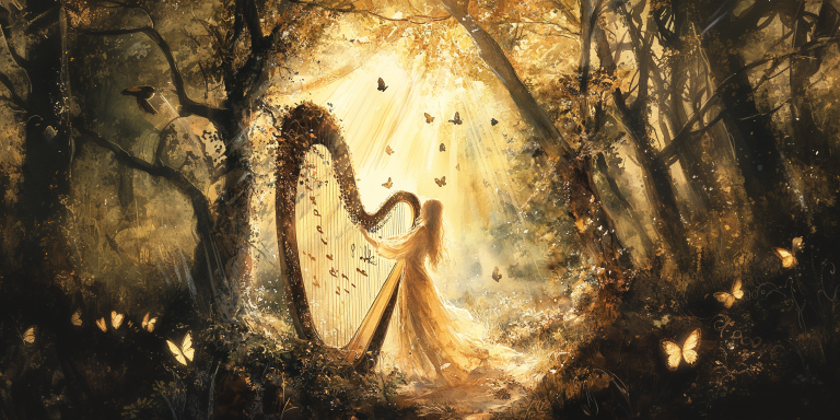 A translucent figure playing a celestial harp, strings emitting visible sound waves