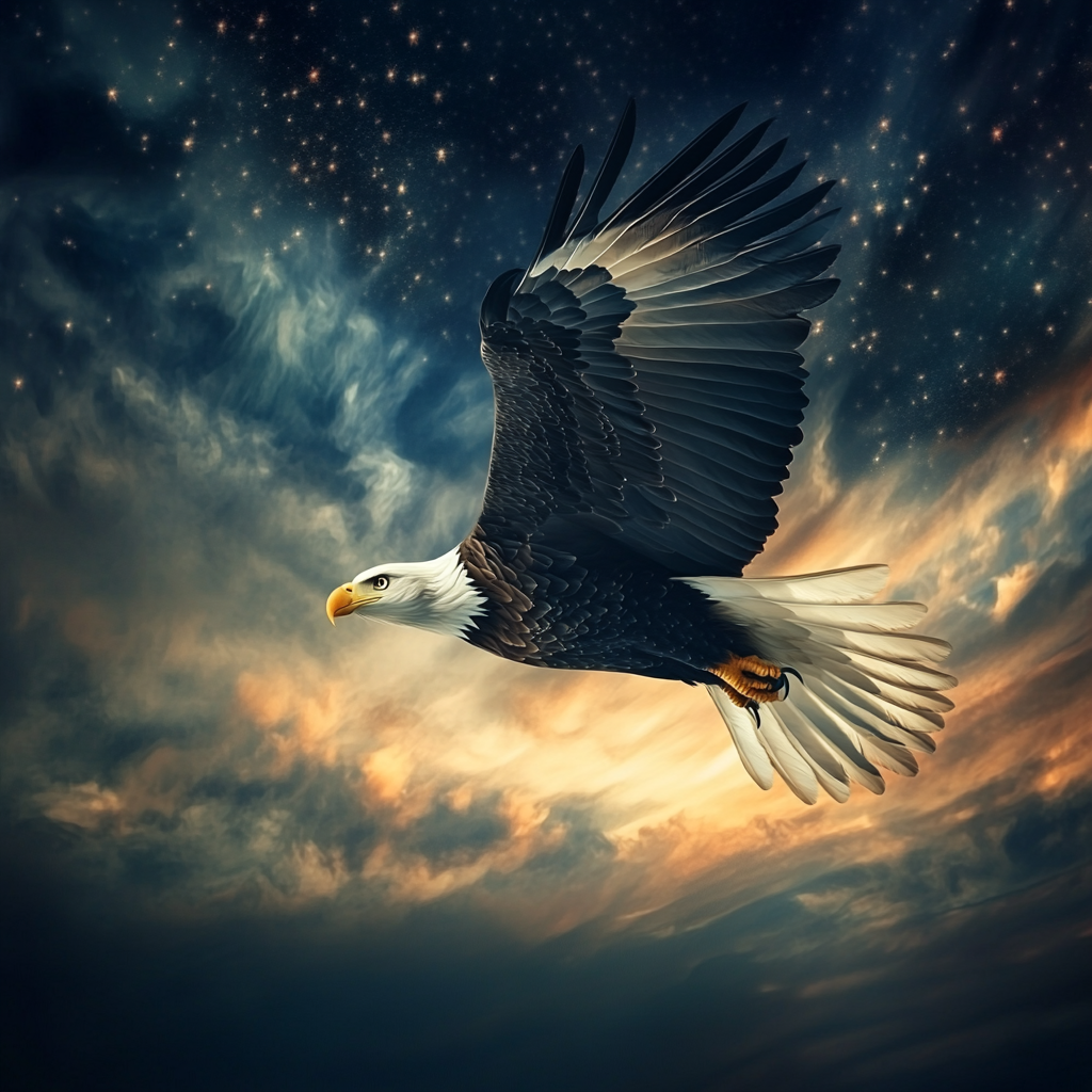 Bald eagle flying over American landscape