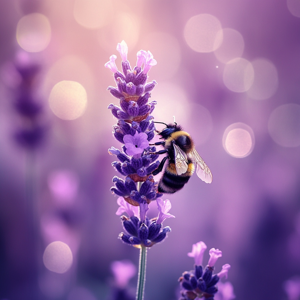 Bee collecting pollen from lavender flower