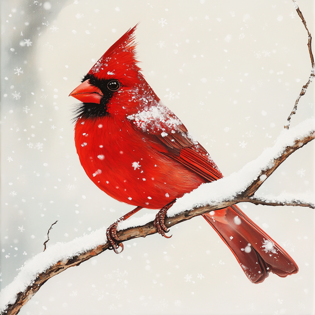 Bright red cardinal on snow covered branch