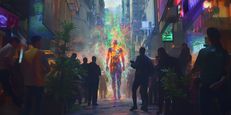 Central figure with a vibrant, multicolored aura emanating from their body