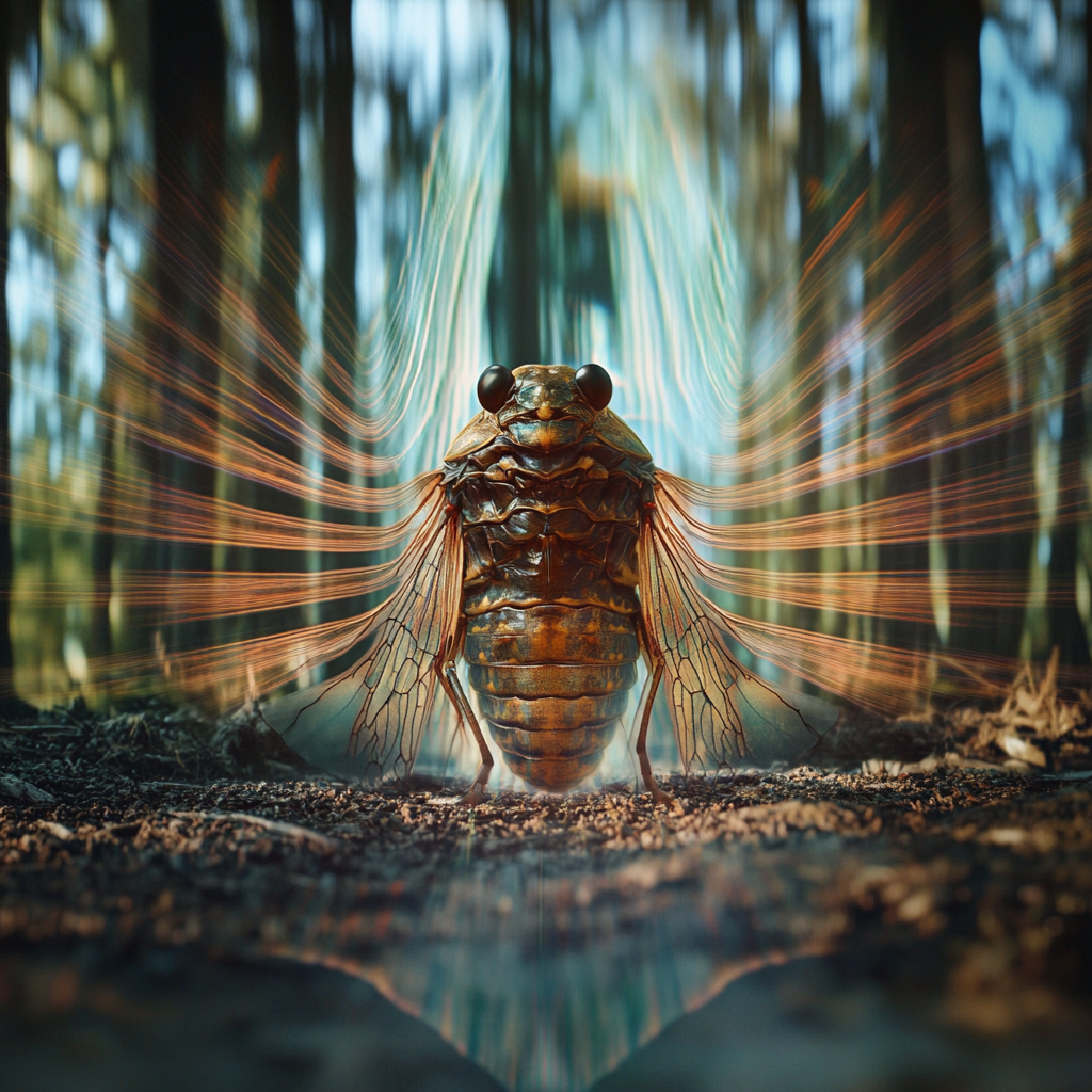 Cicada emerging from shell surrounded by sound