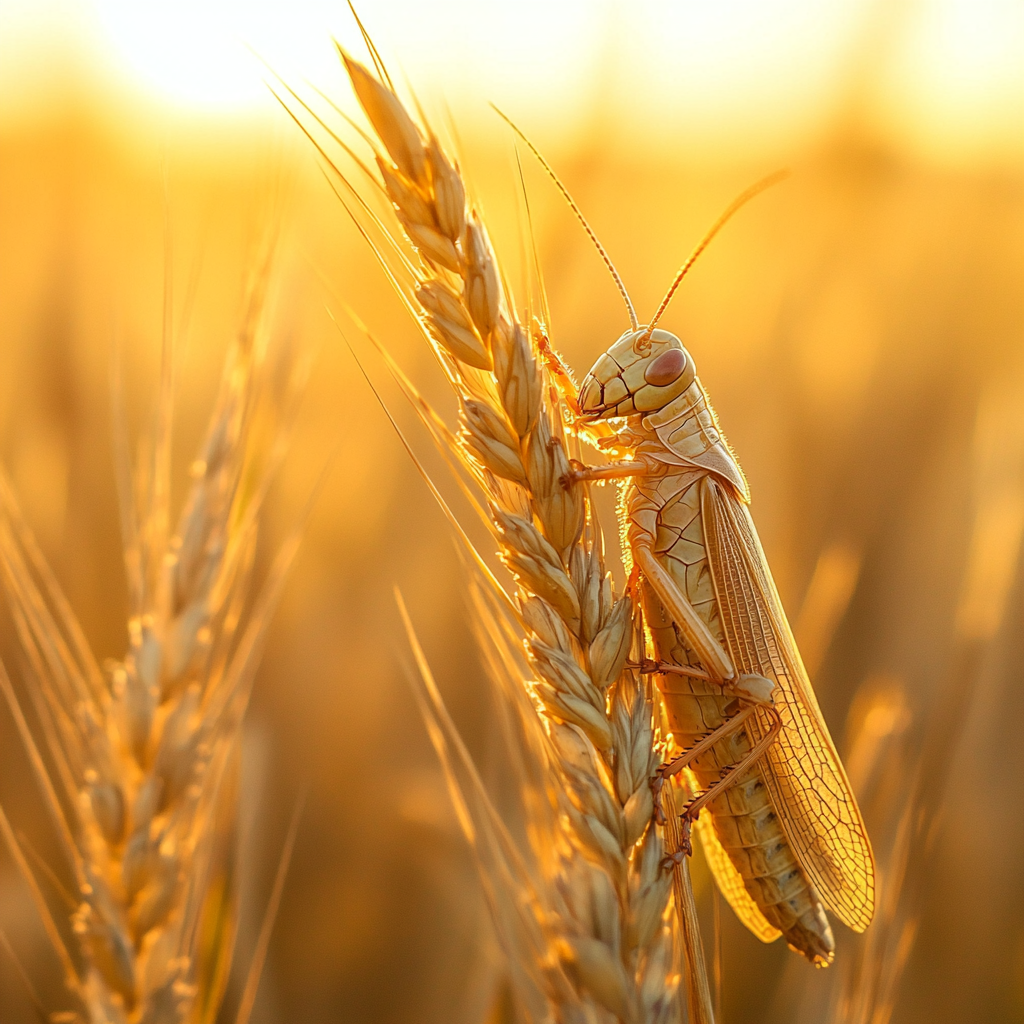 Close up of grasshopper on wheat stalk legs