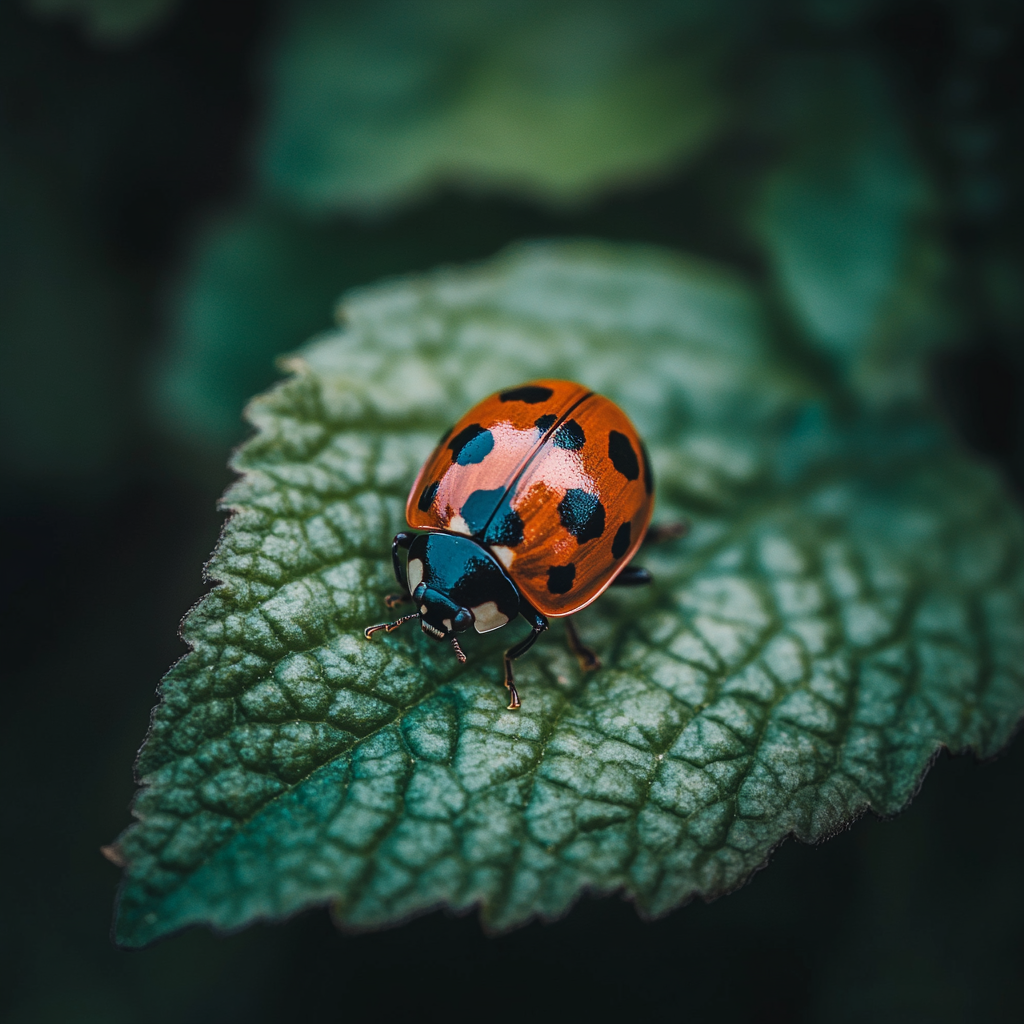 Close up of ladybug on green leaf its spots form