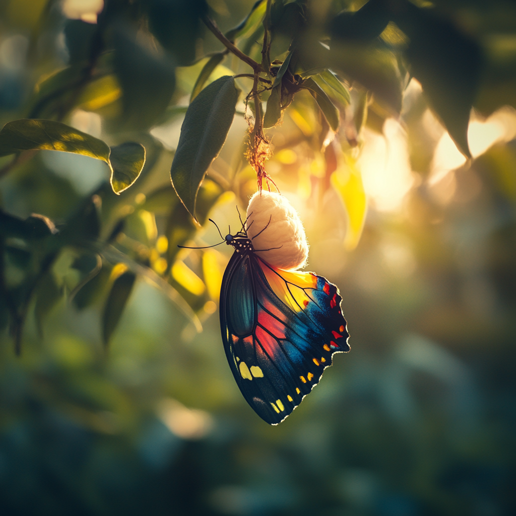 Colorful butterfly emerging from cocoon surround