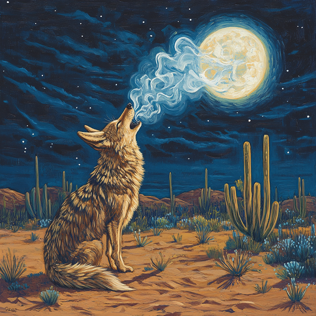 Coyote howling at moon its breath forming spirit