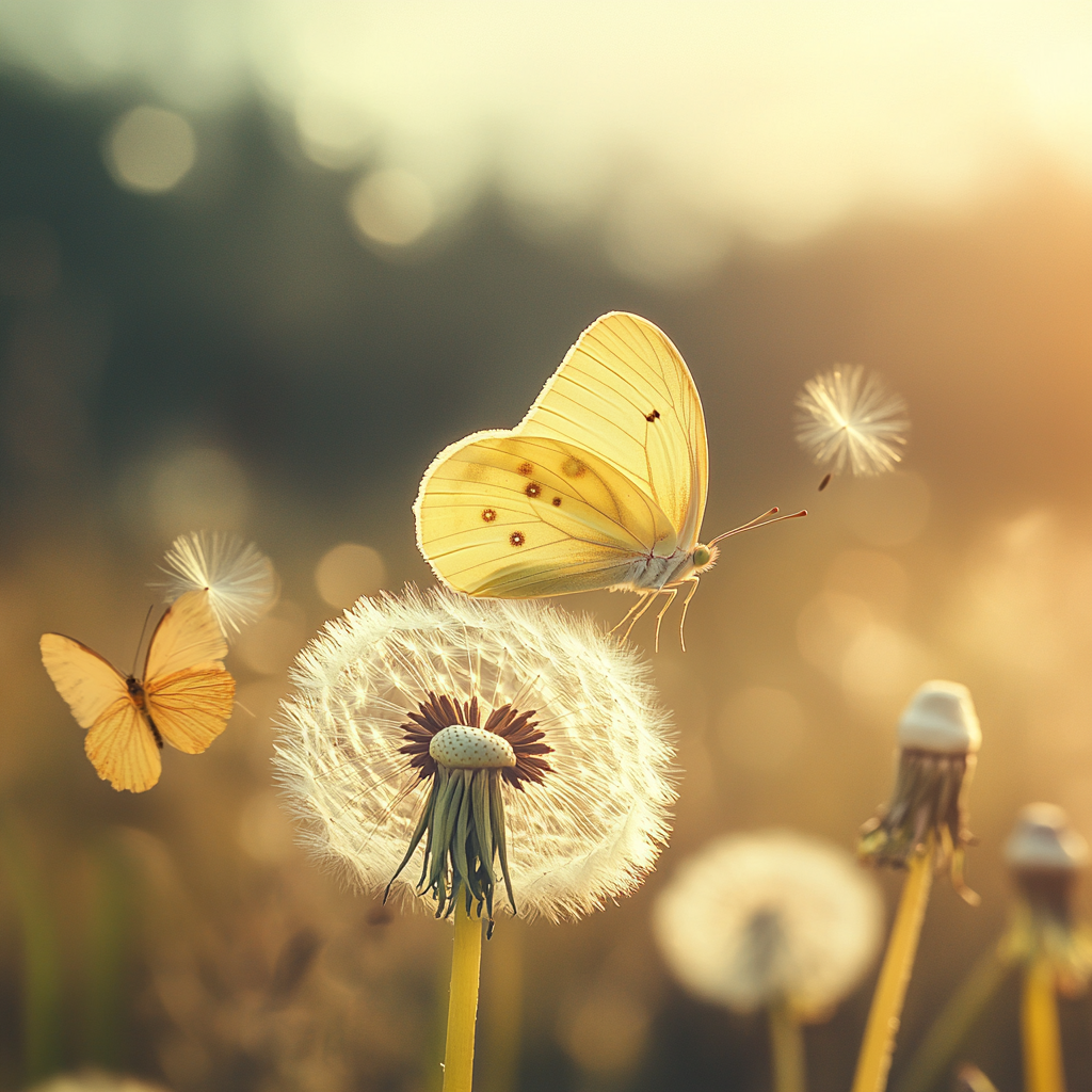 Delicate yellow butterfly landing on dandelion