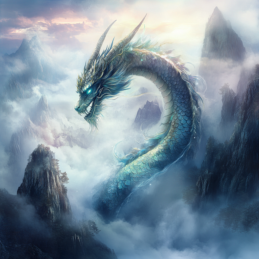 Eastern dragon emerging from misty mountains