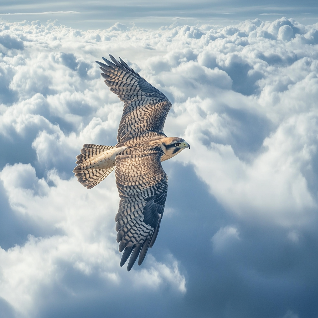 Falcon diving through layers of clouds each laye