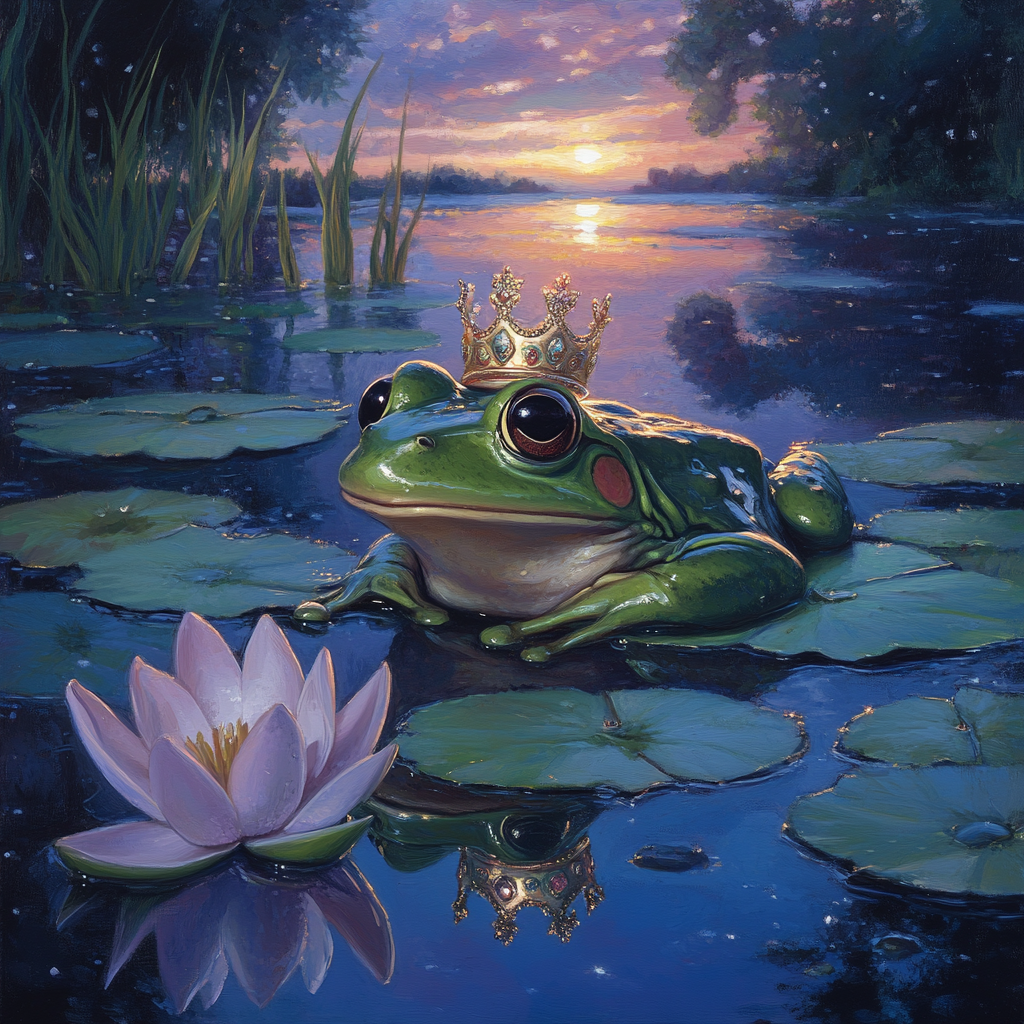 Frog on lily pad reflection in water showing