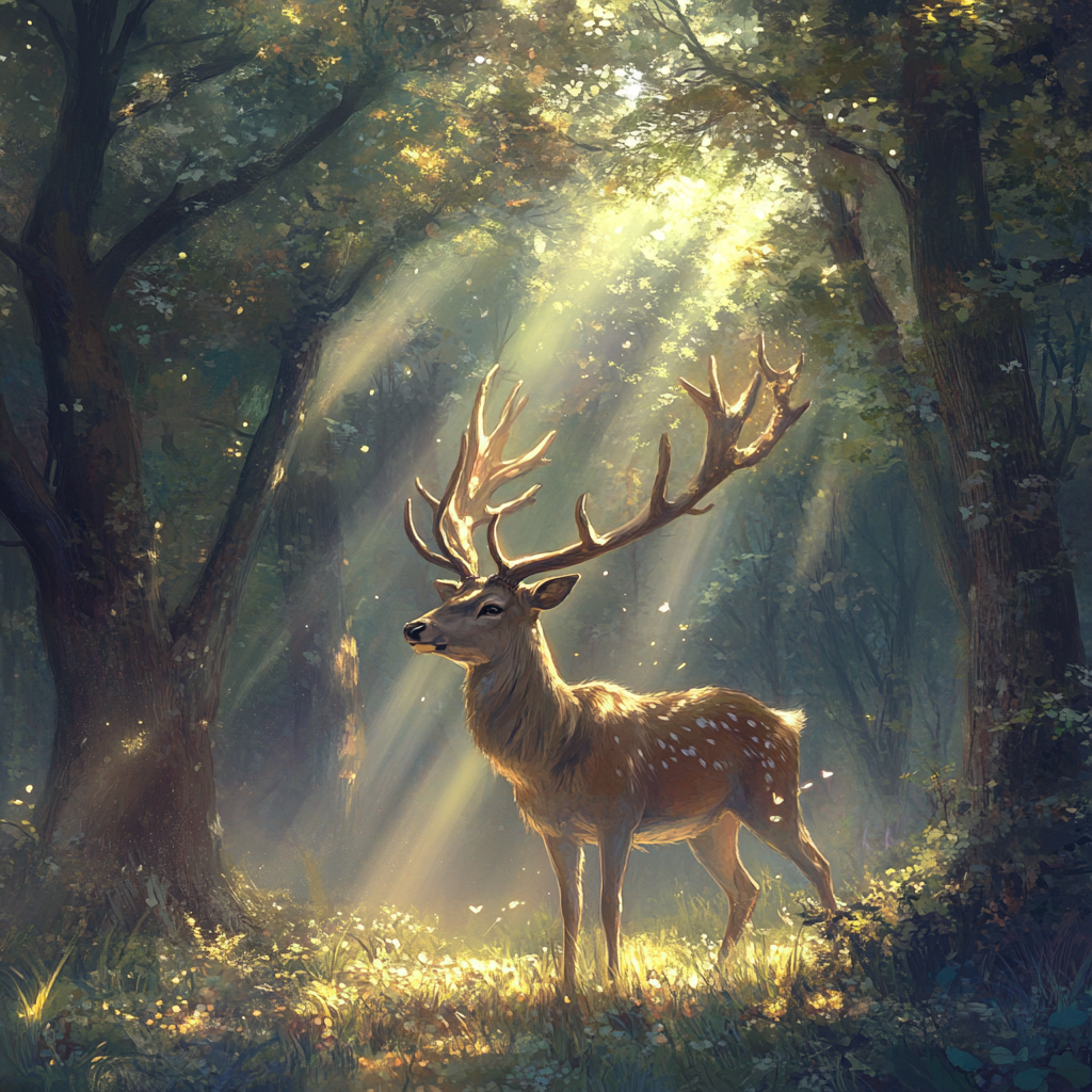 Gentle deer in forest clearing antlers glowing