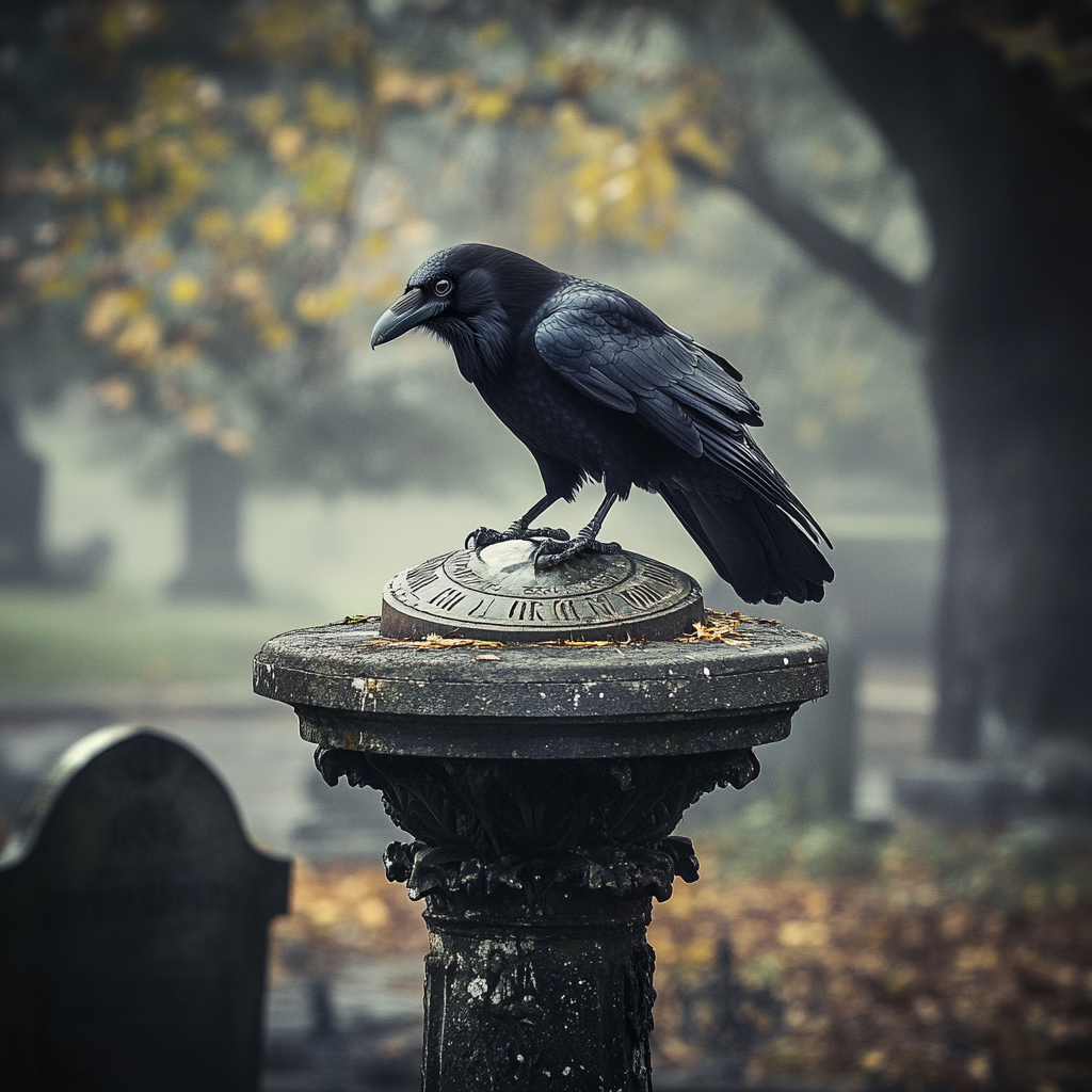 Intelligent crow perched on old sundial holding