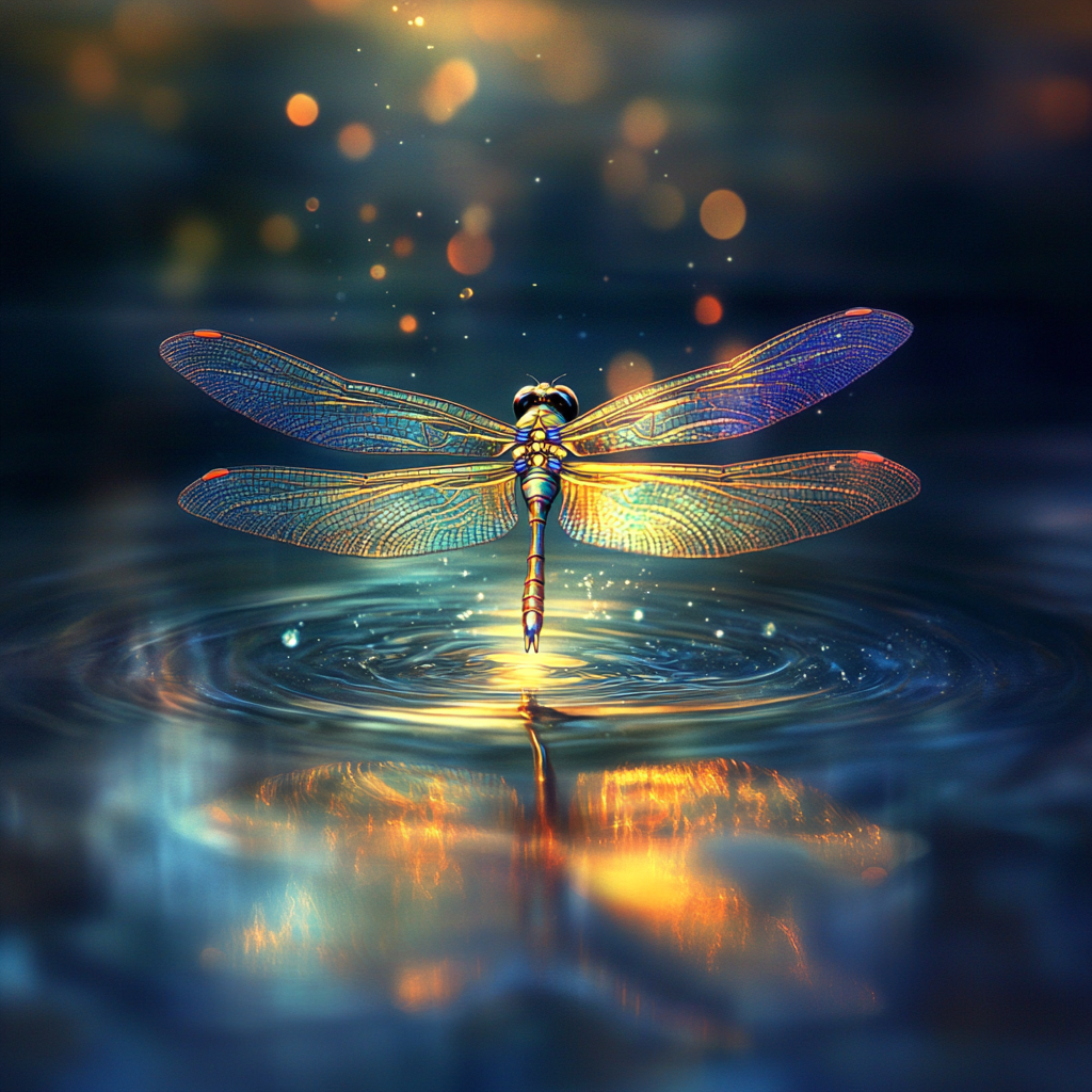 Iridescent dragonfly hovering over still water