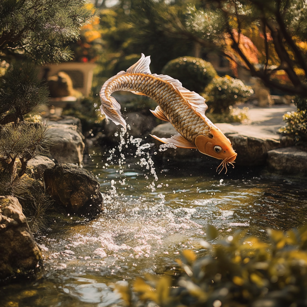 Koi fish leaping from pond transforming