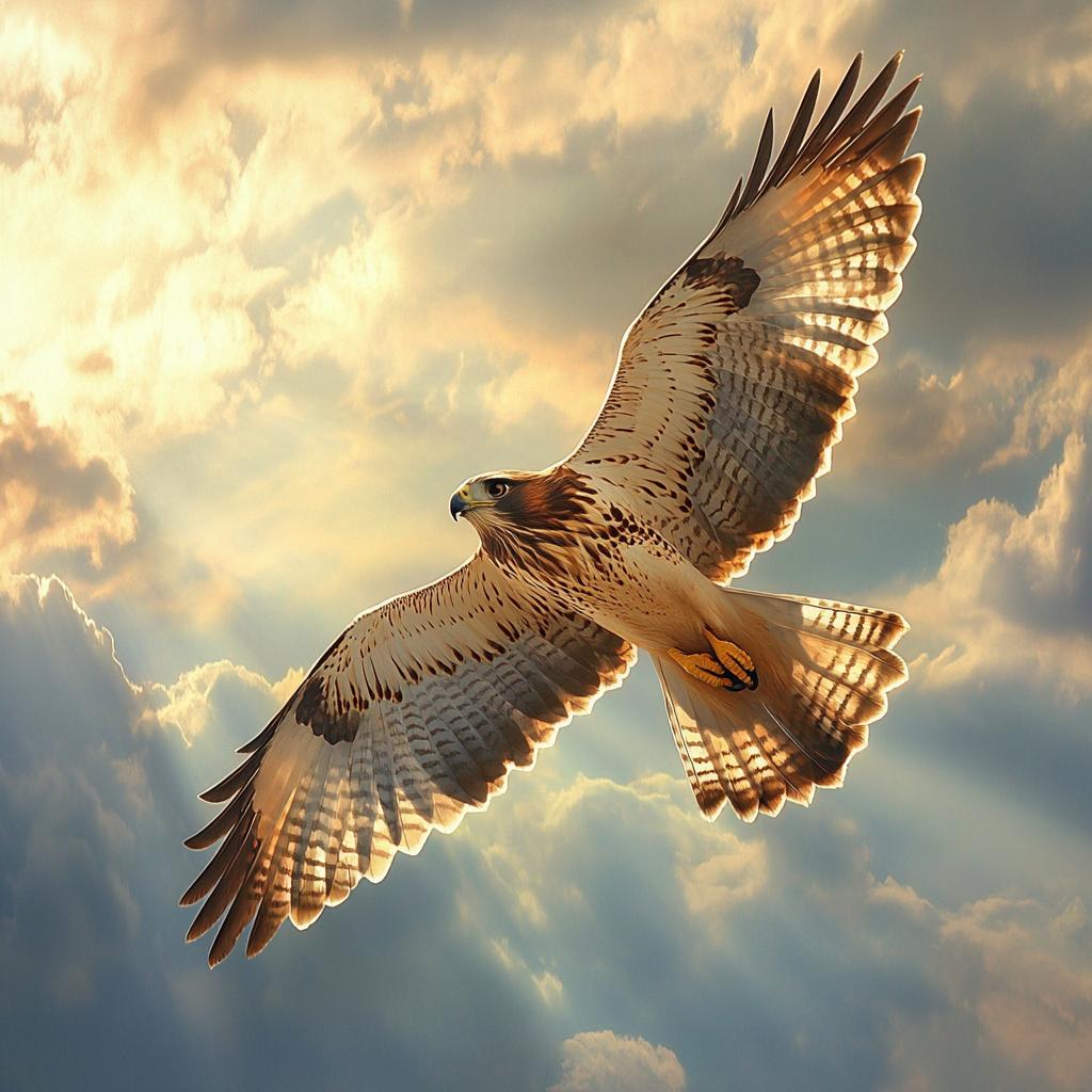 Majestic hawk soaring through cloudy sky sunbeam