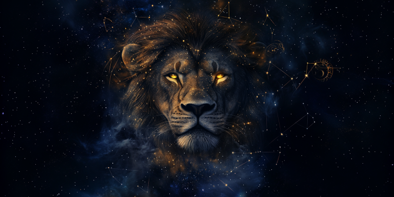 Majestic lion's face emerging from a starry night sky