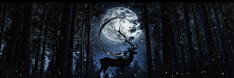 Moonlit forest with a silver bow and arrow forming 'Diana'