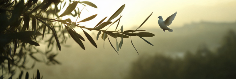 Olive branch forming the letters Oliver against a peaceful, misty landscape