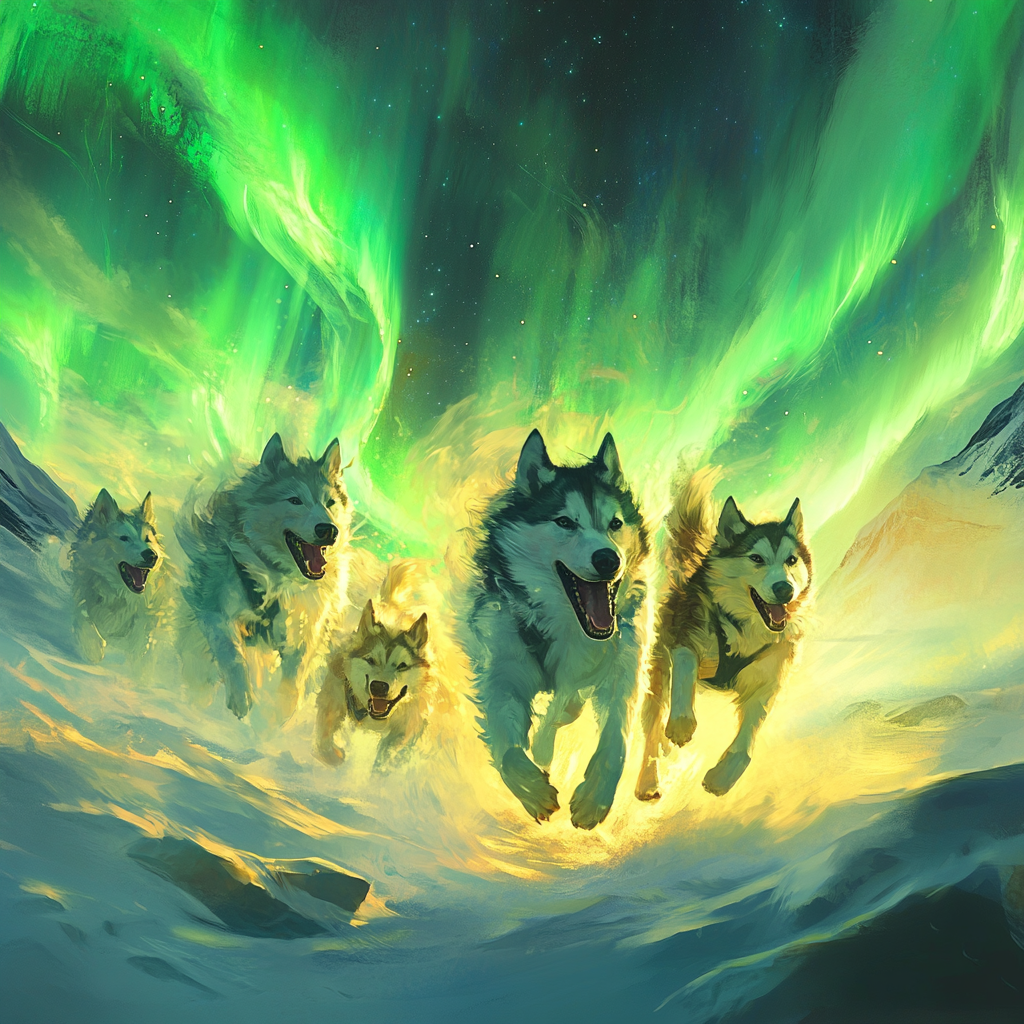 Pack of spirit dogs running through aurora