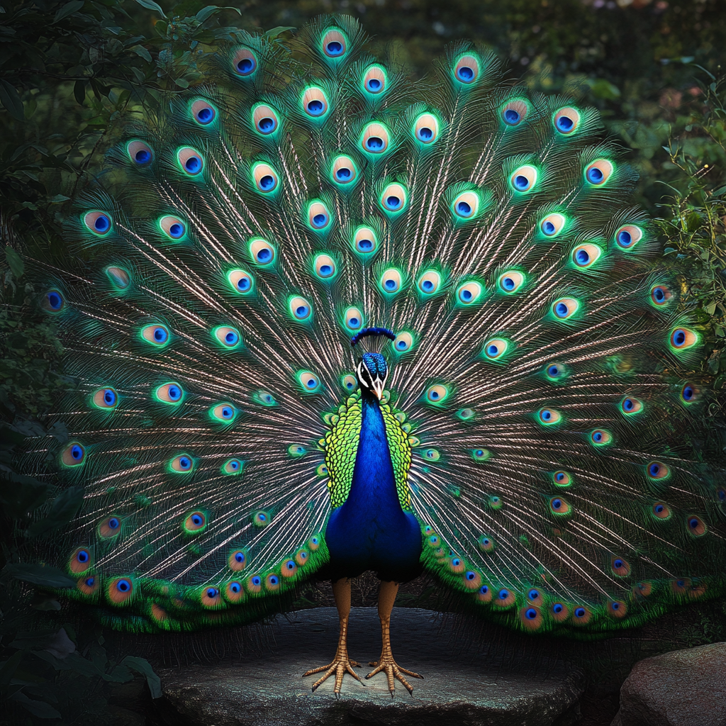 Peacock with fully spread tail feathers showing