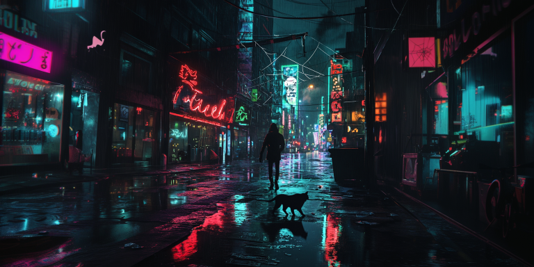 Person walking alone on a rain soaked city street at night