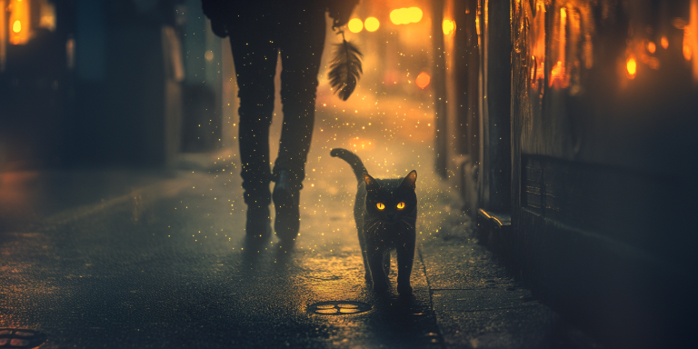 Person walking on a quiet street a stray cat with luminous eyes approaches