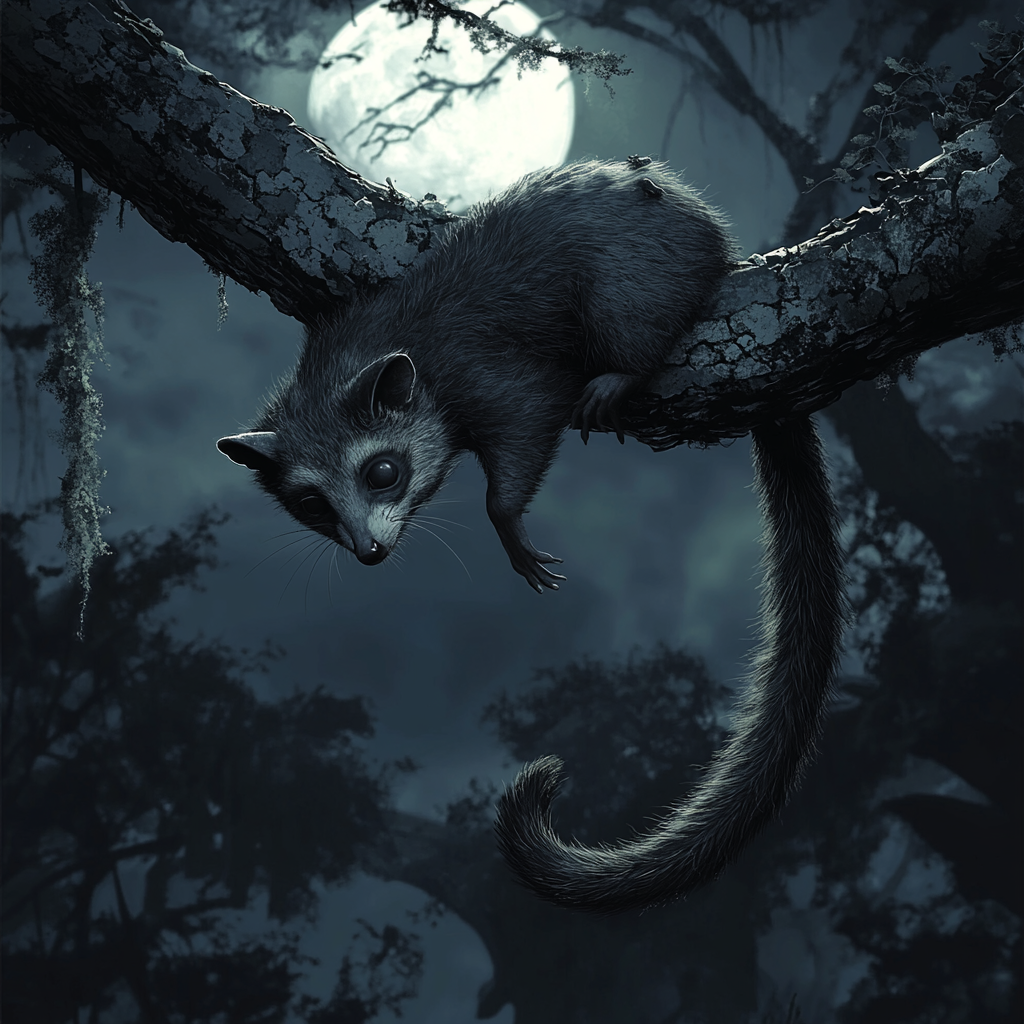 Possum hanging from branch by tail playing dead