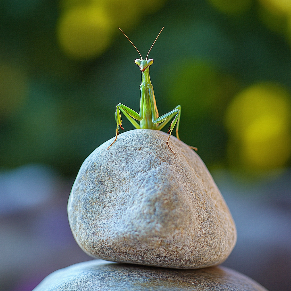 Praying mantis in meditation pose on zen rock