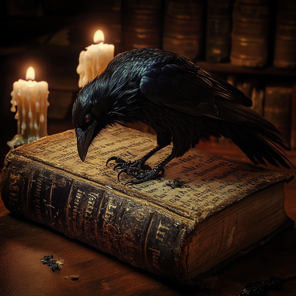 Raven perched on old book feathers transforming