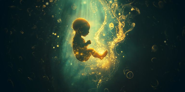 Silhouette of a floating fetus, translucent with a soft glow