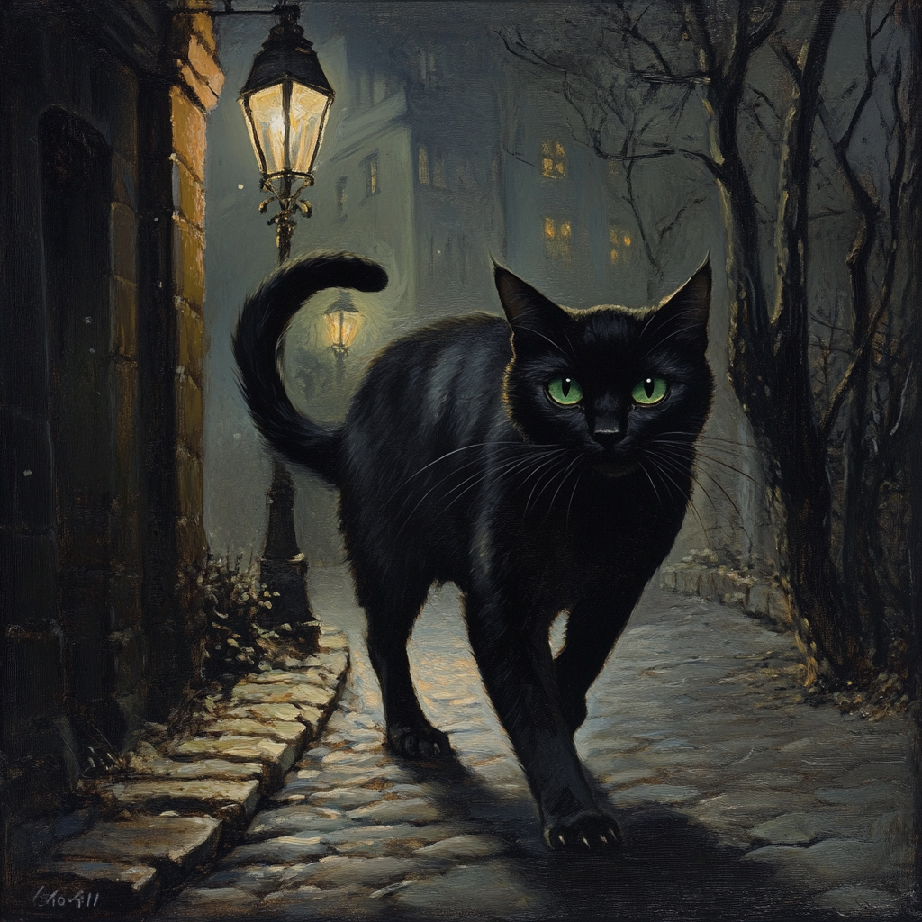 Sleek black cat with green eyes crossing moonlit