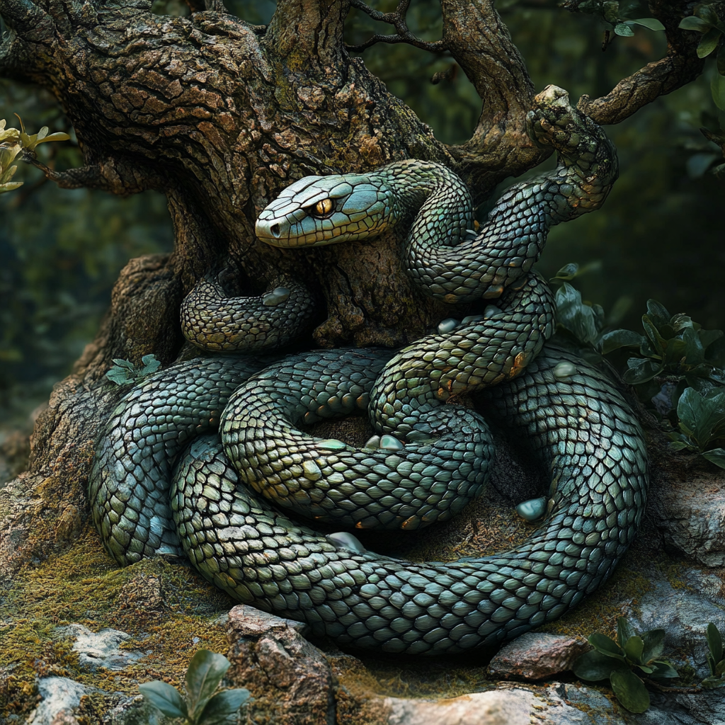 Snake coiled around ancient tree of knowledge