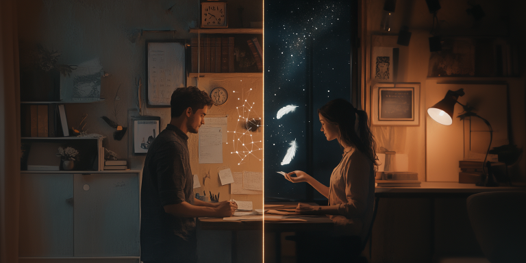 Split screen image, two people in separate scenes