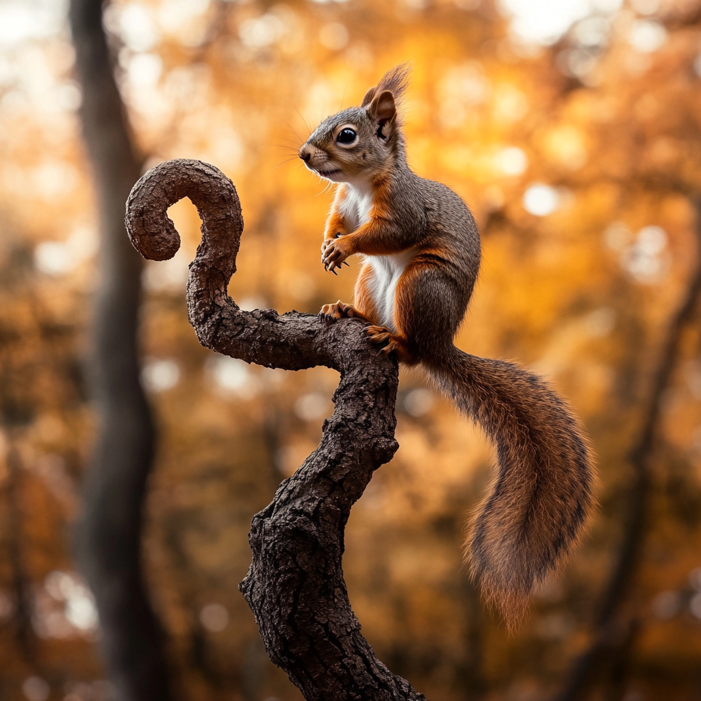 Squirrel balancing on tree branch tail forming